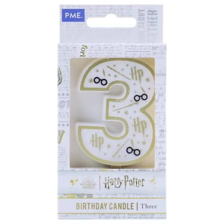 Bílo-zlatá dortová svíčka ve tvaru číslice 3 z kolekce Harry Potter, výška 6,8 cm