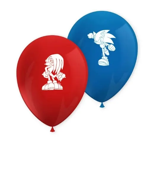 Sada 8 latexových balónků Sonic the Hedgehog, 28 cm, modré a červené s bílým potiskem postav
