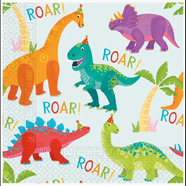 Papírové ubrousky s barevnými dinosaury, čtvercové 33x33 cm, balení 20 kusů