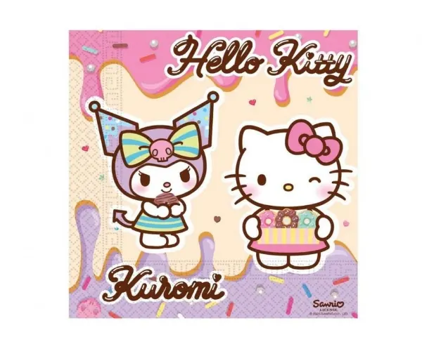 Papírové party ubrousky s motivy Hello Kitty a Kuromi, barevné, balení 20 kusů
