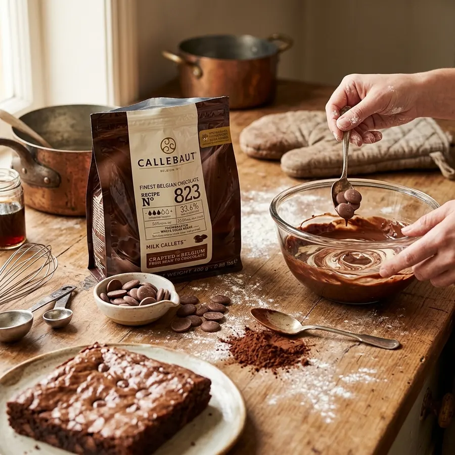 Mléčná čokoláda Callebaut 823 v pelietkách, balení 400 g, hnědá barva