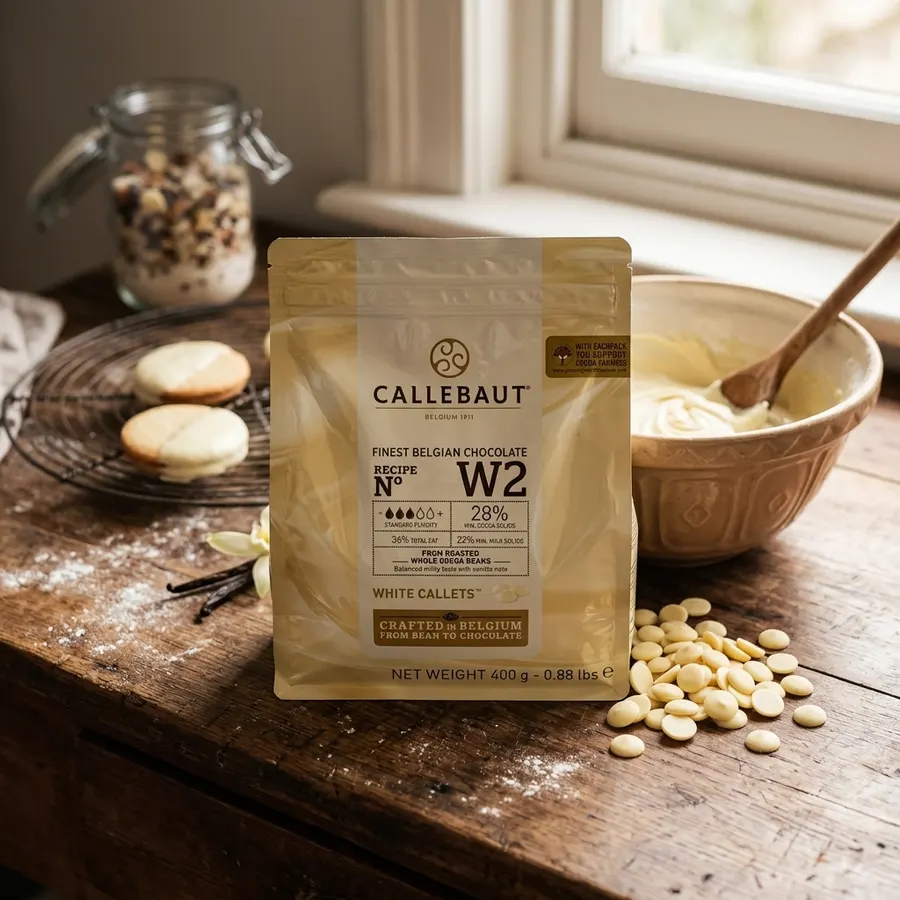 Balení bílé belgické čokolády Callebaut W2 o hmotnosti 400 g, světle smetanová barva