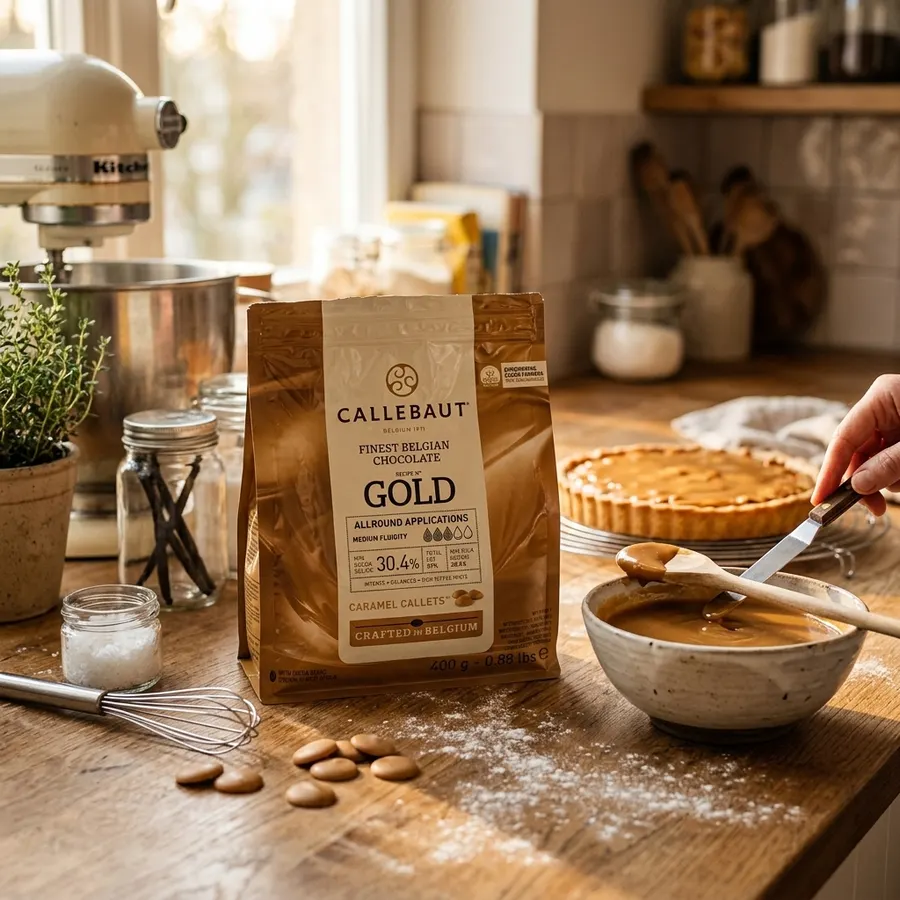Karamelová čokoláda GOLD Callebaut v peletkách, zlatavý odstín, balení 400 g