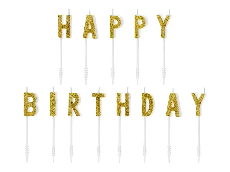 Zlaté svíčky PartyDeco s nápisem Happy Birthday, výška 2,5 cm, na dort a do party dekorace