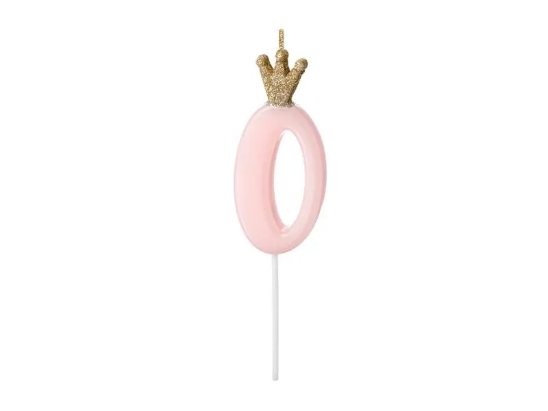 Malá růžová svíčka s korunkou číslo 0, výška 9,5 cm, značka PartyDeco