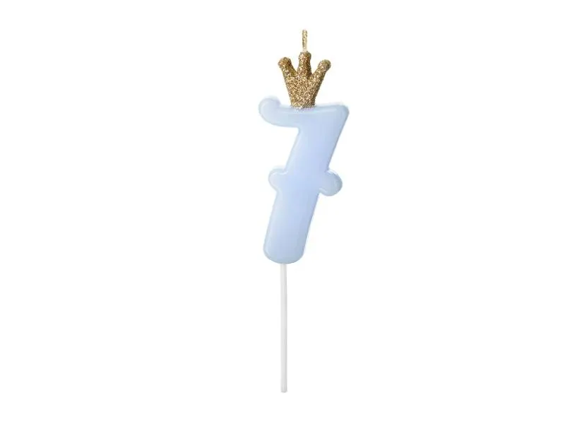 Modrá narozeninová svíčka ve tvaru číslice 7 s korunkou, výška 9,5 cm, značka PartyDeco