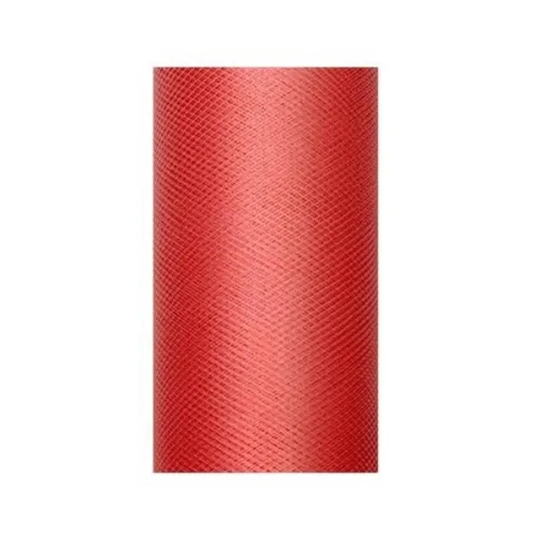 Červený dekorační tyl PartyDeco, role o rozměru 30 cm x 9 m, jemná průsvitná tylová textura