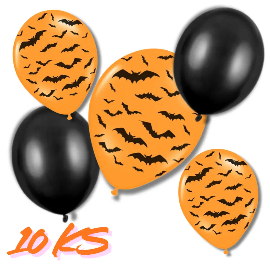 Oranžové latexové balonky s černými siluetami netopýrů na Halloween, průměr 30 cm, balení 10 kusů