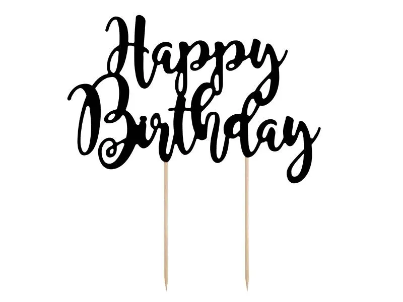 Černý zápich do dortu PartyDeco s nápisem Happy Birthday, výška nápisu 12 cm, celková výška 22,5 cm