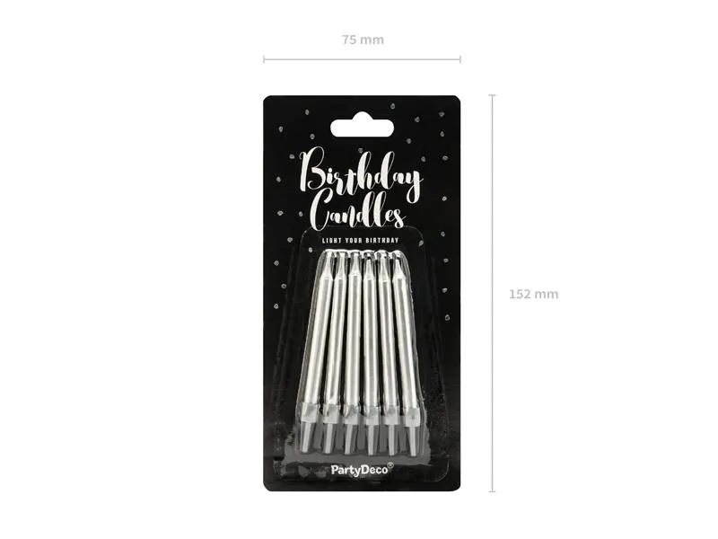 Stříbrné dortové svíčky PartyDeco, 6 kusů v balení, výška 6 cm, lesklý povrch