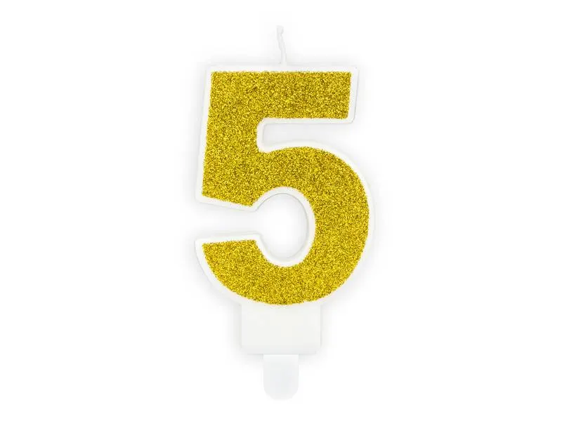 Zlatá lesklá svíčka ve tvaru číslice 5, výška 7 cm, PartyDeco