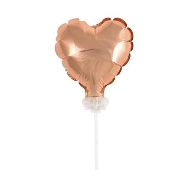 Nafukovací srdíčko v barvě rose gold na tyčce, velikost 8 cm, ozdoba na dort