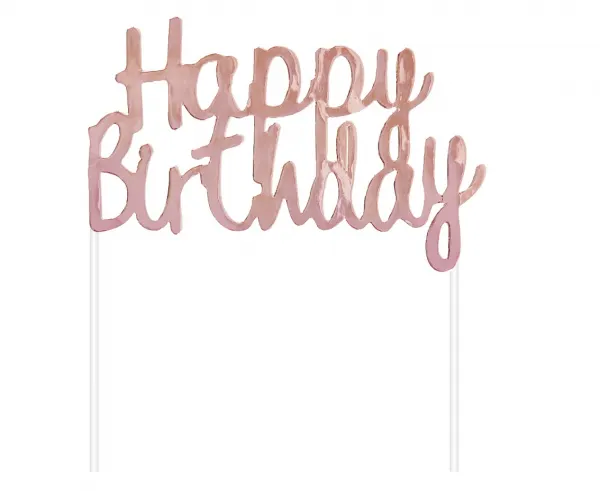 Dekorace na dort Happy Birthday v odstínu rose gold, rozměr 11x14 cm, balení 1 ks