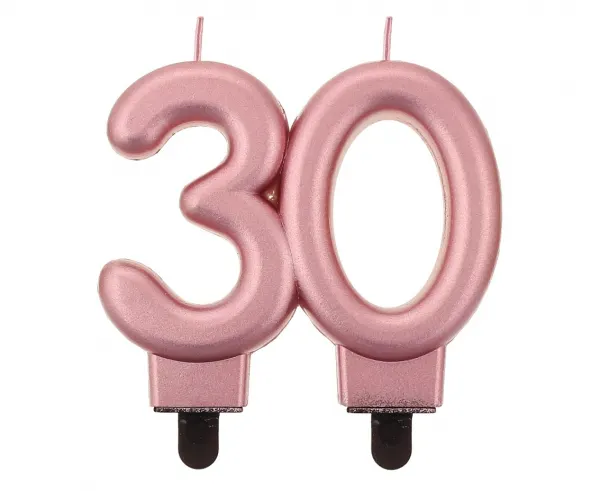 Metalická svíčka ve tvaru číslice 30 v odstínu rose gold, výška 8 cm, balení 1 ks