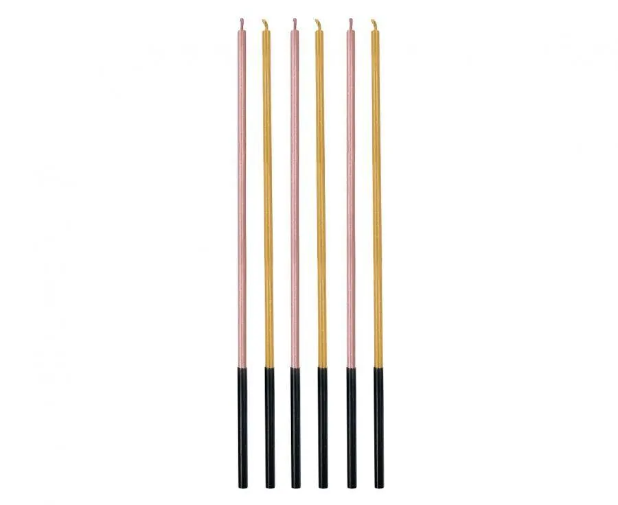 Tenké dortové svíčky růžové a zlaté barvy, balení 6 kusů, výška 17 cm