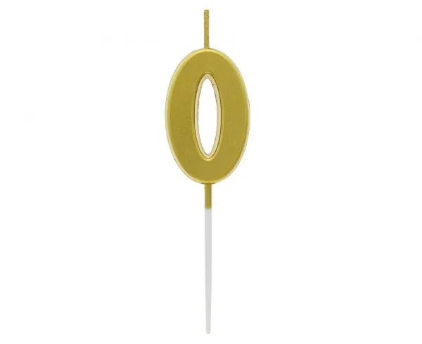 Narozeninová dortová svíčka ve tvaru číslice 0 v metalické zlaté barvě, rozměr 9,5 x 2,3 cm, balení 1 ks