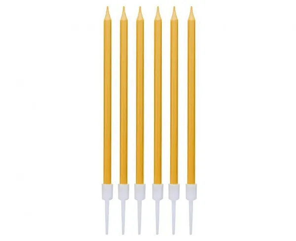 Zlaté metalické dortové svíčky s držátky, délka 13,5 cm, balení 6 kusů