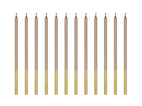 Vysoké metalické dortové svíčky v odstínu rose gold, výška cca 14 cm, balení 12 ks