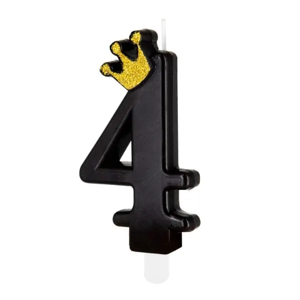 Černá dortová svíčka ve tvaru číslice 4 s korunkou, výška 8,8 cm, balení 1 ks
