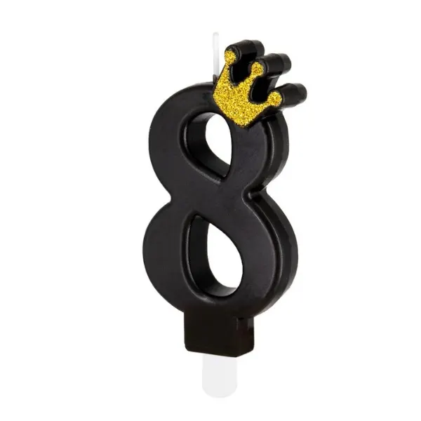 Černá dortová svíčka ve tvaru číslice 8 s korunkou, výška 8,8 cm, balení 1 ks