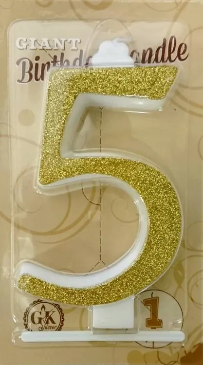Velká zlatá svíčka ve tvaru číslice 5, výška 13 cm, dekorace na dort a party