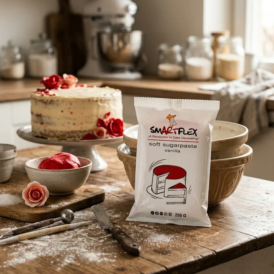 Červená měkká potahovací hmota fondán s vanilkovou příchutí v balení 250 g