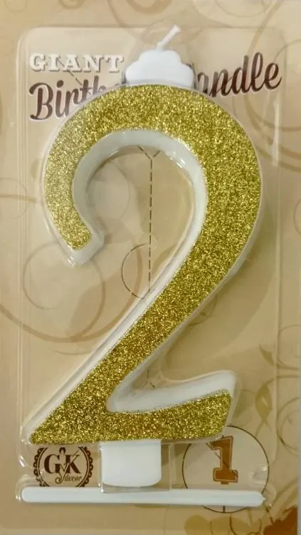 Velká zlatá dortová svíčka ve tvaru číslice 2, výška 13 cm