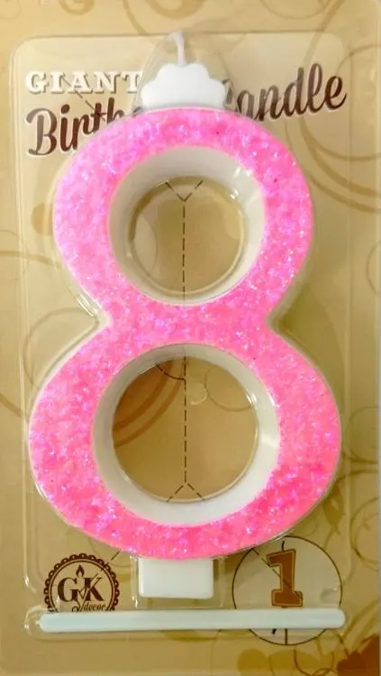 Velká růžová dortová svíčka ve tvaru číslice 8, výška 13 cm