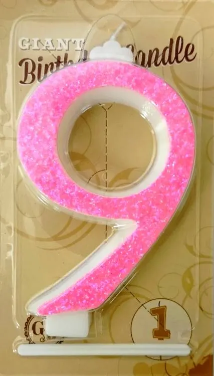 Růžová dortová svíčka ve tvaru číslice 9, výška 13 cm