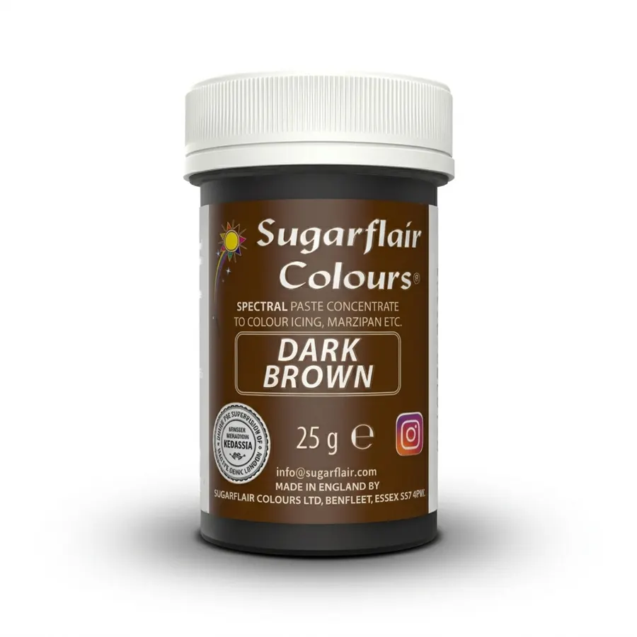 Tmavě hnědá gelová barva Sugarflair v kelímku o hmotnosti 25 g
