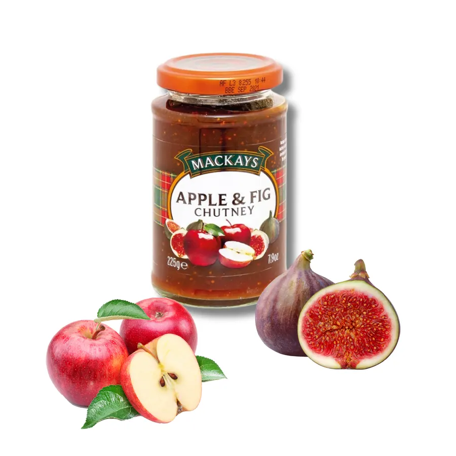 Sklenice chutney z jablek a fíků značky Mackays, balení 225 g, tmavě hnědá hmota s kousky ovoce