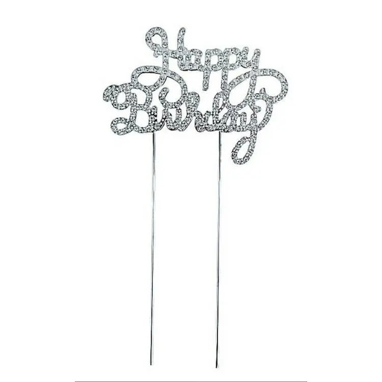 Kovový zápich do dortu ve stříbrné barvě s nápisem Happy Birthday ozdobeným třpytivými kamínky