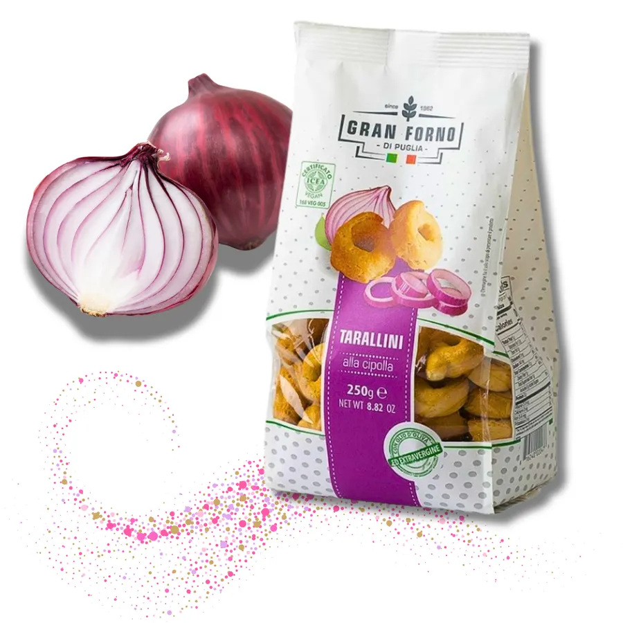 Italské cibulové krekry Tarallini v balení 250 g, kroužky s restovanou cibulkou a olivovým olejem