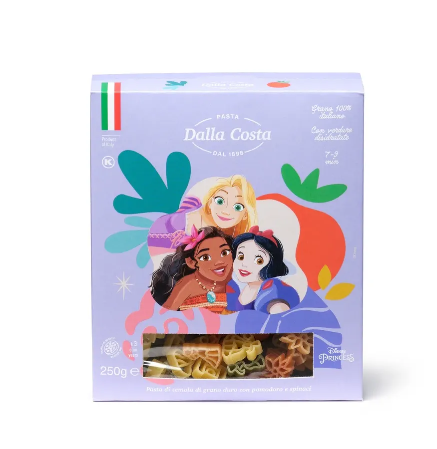 Barevné dětské těstoviny Disney Princess s tvary princezen, střevíčků a hradů, balení 250 g