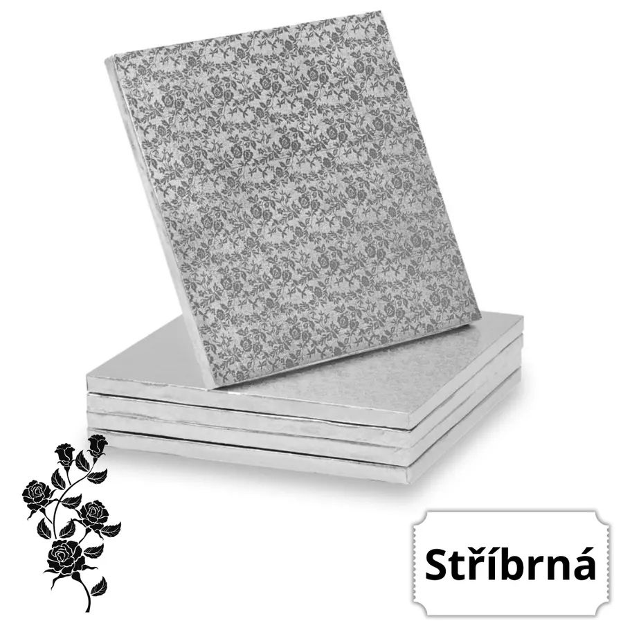 Stříbrná čtvercová kartonová dortová podložka 35 x 35 cm, výška 12 mm, balení 1 kus
