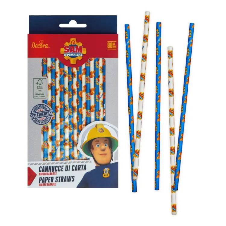 Papírová brčka Decora s motivem Požárníka Sama, balení 80 kusů, délka 21 cm, pro dětské nápoje