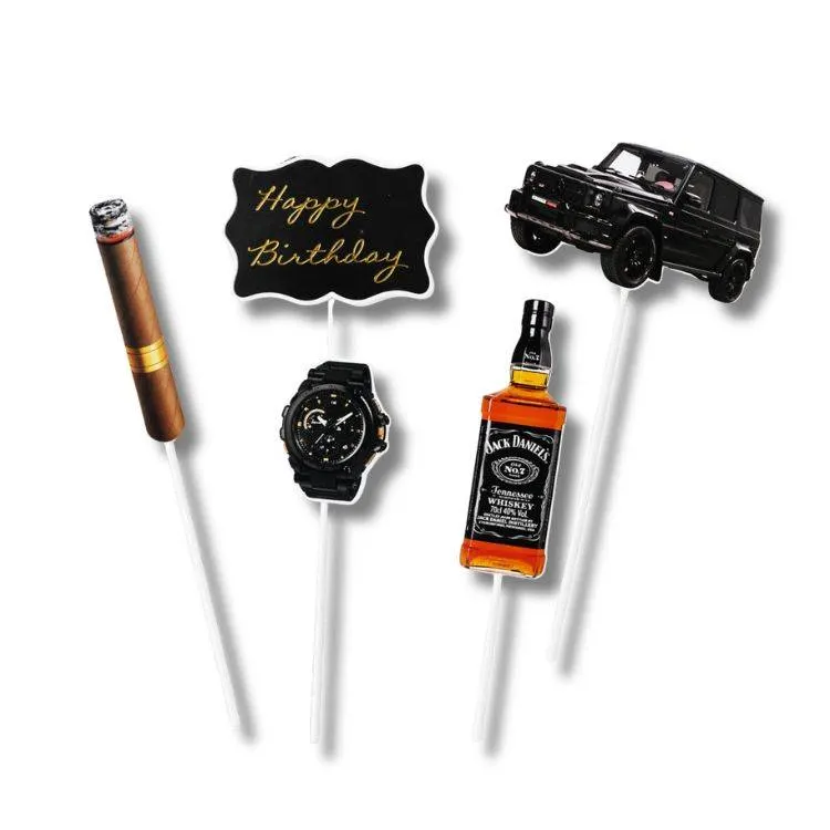 Sada zápichů do dortu Happy Birthday Gentleman party s motivy auta, whisky, hodinek a doutníku v tmavém designu se zlatými detaily