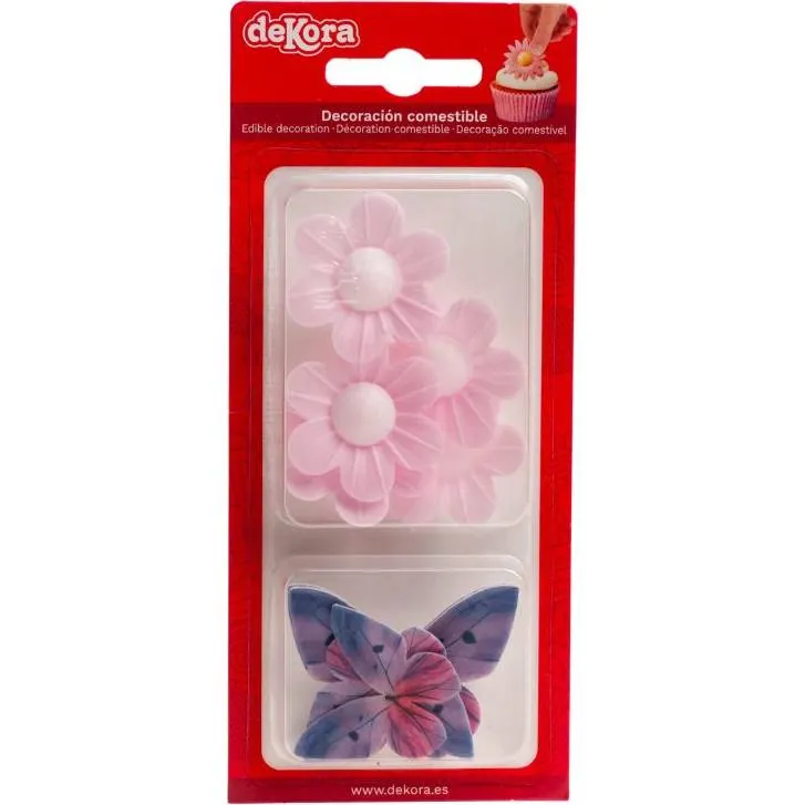 Jedlé dekorace z jedlého papíru ve tvaru motýlů a květů, různobarevné, pro zdobení dortů a cupcakes