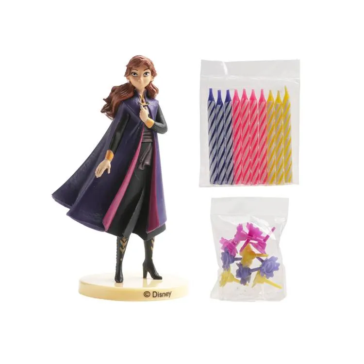 Figurka Anny z Frozen s deseti svíčkami a stojánky, nejedlá dekorace na dort, výška 9,5 cm