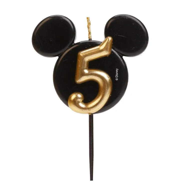 Dekorativní dortová svíčka ve tvaru Mickey Mouse s číslicí 5 v černo-zlaté barvě
