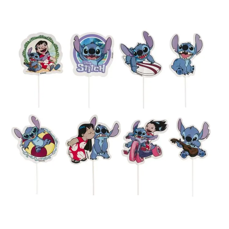 Sada 16 barevných zápichů do dortu s motivy Stitche, 8 různých druhů, balení 16 kusů