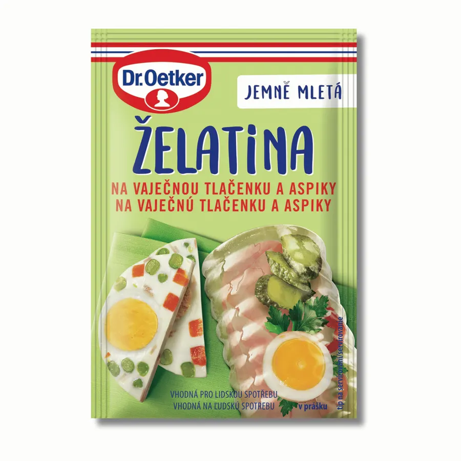 Sáček jemně mleté vepřové želatiny Dr. Oetker na vaječnou tlačenku a aspiky, hmotnost 20 g