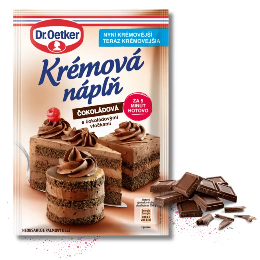 Krémová náplň čokoládová Dr. Oetker, sáček 80 g s kakaovou příchutí a čokoládovými vločkami