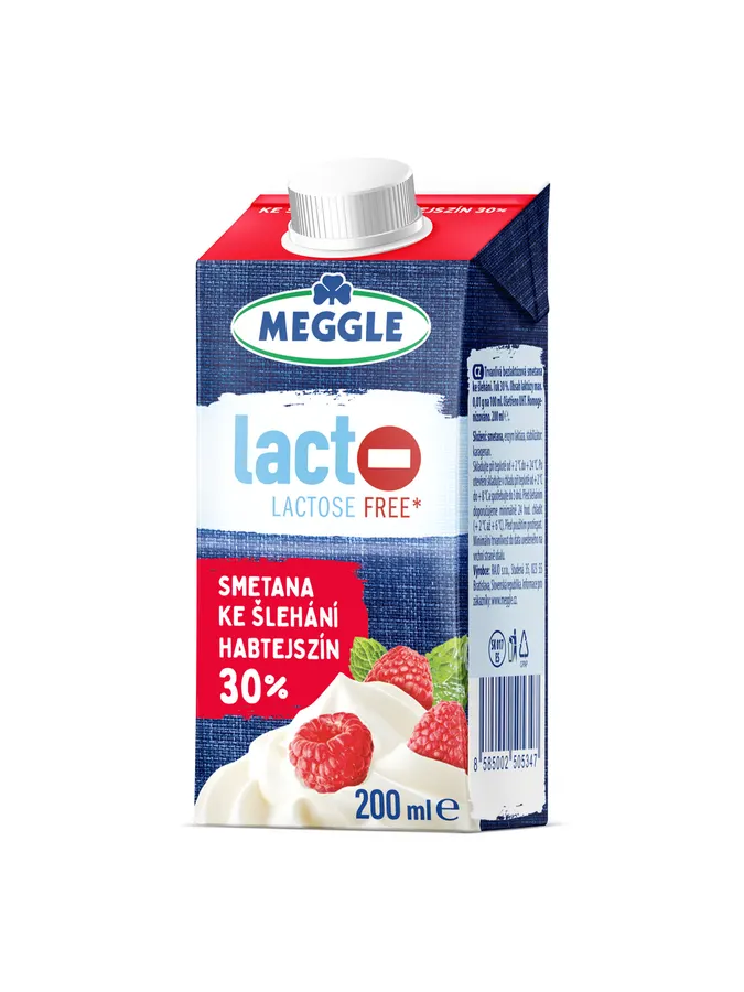 Bezlaktózová smetana ke šlehání MEGGLE s 30% obsahem tuku, bílé balení 200 ml