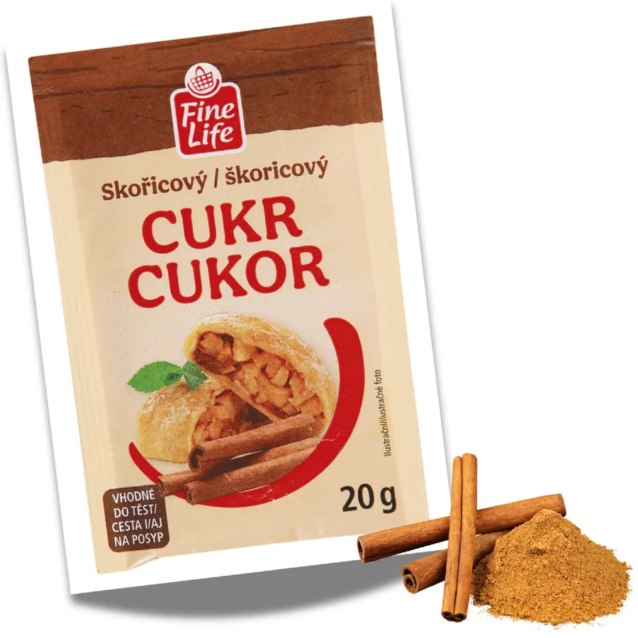 Skořicový cukr FINE LIFE, bílá krystalická směs s hnědými částečkami mleté skořice, balení 20 g
