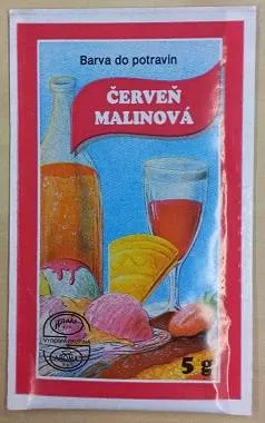 Prášková potravinářská barva Aroco v malinově červeném odstínu v sáčku o hmotnosti 5 g