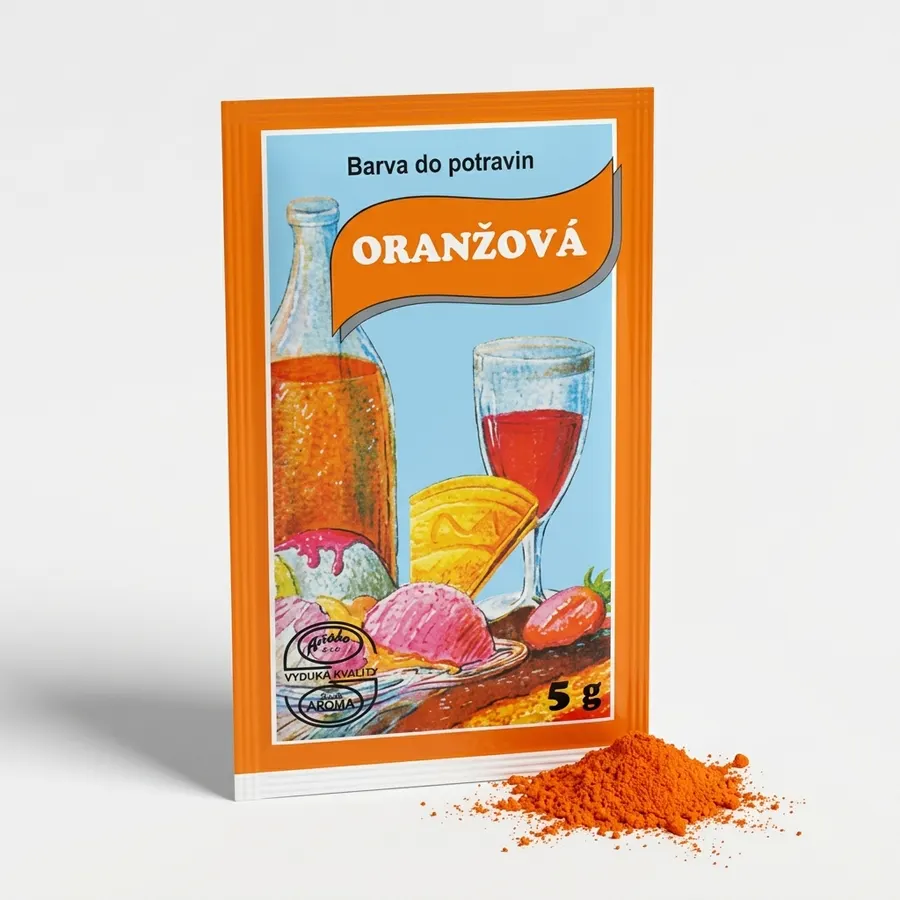 Sáček práškové potravinářské barvy Aroco v oranžovém odstínu, hmotnost 5 g