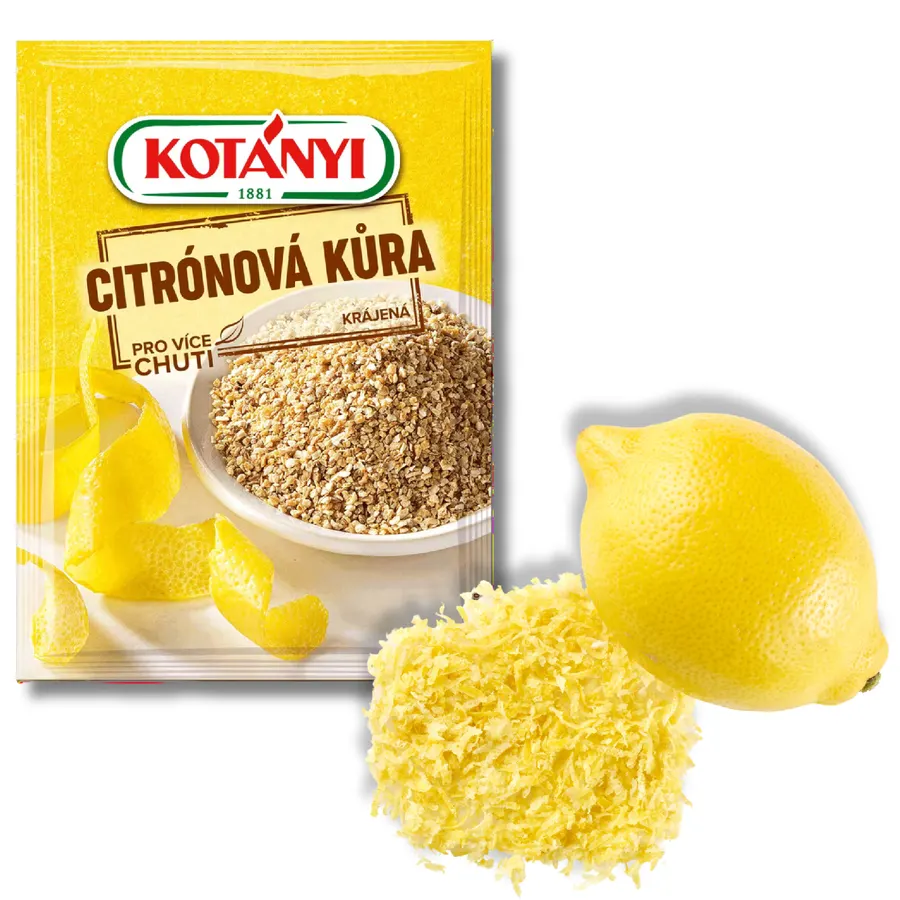 Balení sušené citronové kůry Kotányi o hmotnosti 14 g, žlutá sušená kůra v obalu