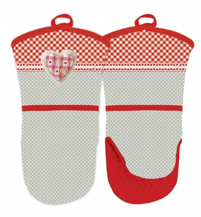 Béžová kuchyňská chňapka se silikonovou dlaní ve tvaru srdíčka s plstěnou vrstvou a magnetem