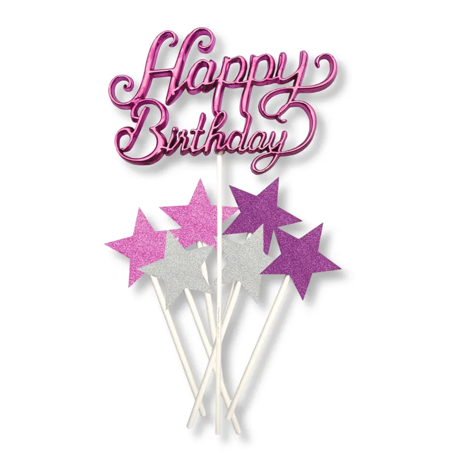 Růžový zápich na dort s nápisem Happy Birthday, sada 7 kusů, plast a papír
